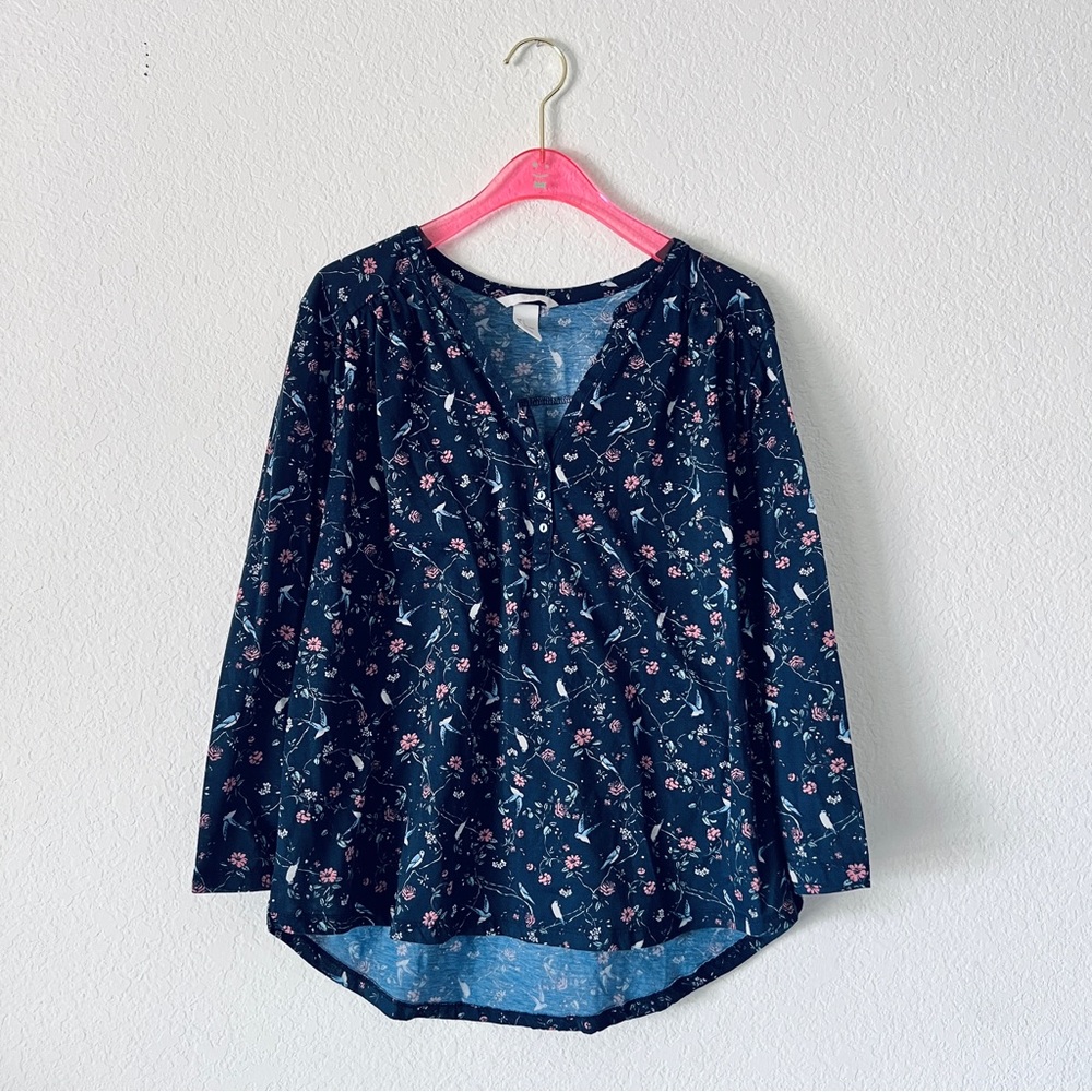H&M Blue V-Neck Spring Navy Long Sleeve Top Size Large